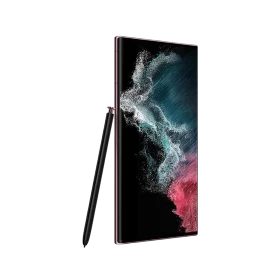 Samsung Galaxy S22 Ultra bordo akıllı telefon, kavisli ekran ve S Pen kalem ile önden görünüm