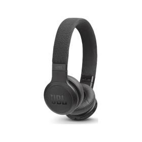 JBL Live 400BT Kablosuz siyah kulaklık, yastıklı pedleri ve ayarlanabilir kafa bandıyla önden görünüm