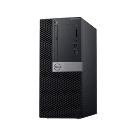 Dell OptiPlex 5070 siyah masaüstü bilgisayar, ön paneli ve bağlantı noktalarıyla önden görünüm