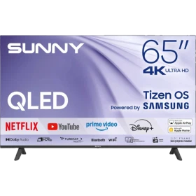 Sunny SN65QUMLN-T08I Ultra HD 4K QLED televizyonun önden görünümü, 65 inç ekran ve siyah ayaklar