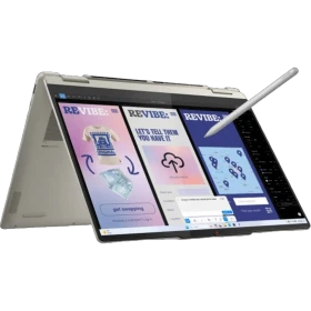 Bej Lenovo Yoga 7 83JQ0091TR 2'si 1 arada laptop, dokunmatik ekran ve kalemle çadır modunda önden görünüm