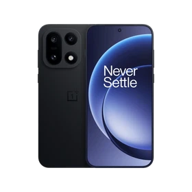 Siyah OnePlus 15 akıllı telefon, ön ekranı ve arka yüzeyiyle vitrin görünümünde detaylı ürün sunumu