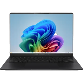 Asus Vivobook S14 OLED S5406SA-QD070W siyah ultrabook laptop ön görünümünde renkli ekran tasarımı