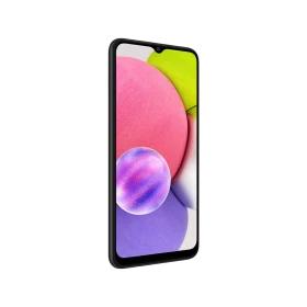 Samsung Galaxy A03s siyah akıllı telefon, önden görünüm, damla çentikli ekran ve renkli arka plan tasarımı