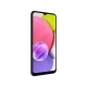 Samsung Galaxy A03s siyah akıllı telefon, önden görünüm, damla çentikli ekran ve renkli arka plan tasarımı