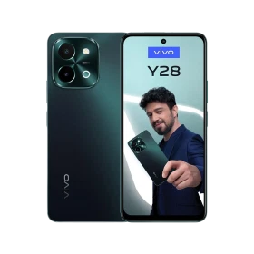 Vivo Y28 yeşil akıllı telefonun ön ve arka yüzü, çift kamera modülüyle vitrin ürün görünümü
