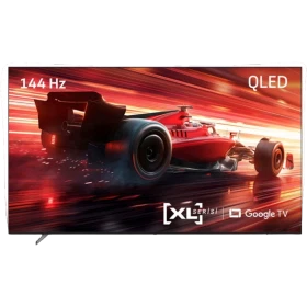 Arçelik A XL100 C Ultra HD 4K TV, ince siyah çerçeveli ekranda kırmızı yarış aracı görüntüsüyle