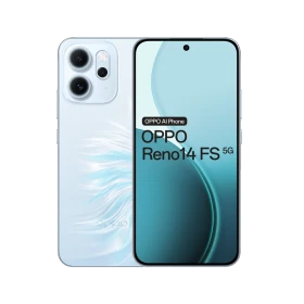 Oppo Reno 14 FS mavi akıllı telefon, ön ekran ve arka kamera modülüyle vitrin görünümü