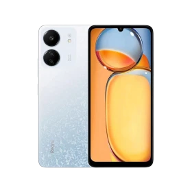 Xiaomi Redmi 13C beyaz akıllı telefon, ön ekran ve çift arka kamera tasarımıyla vitrin görünümü