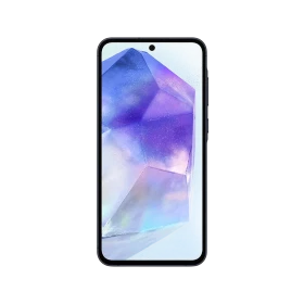 Samsung Galaxy A55 siyah akıllı telefonun önden görünümü, ince çerçeveli ekran ve merkez kamera deliği