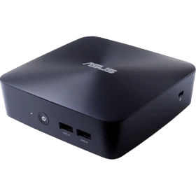 Asus VivoMini UN65U-M084M siyah mini masaüstü bilgisayar, ön yüzünde güç düğmesi ve USB bağlantı noktalarıyla görülüyor