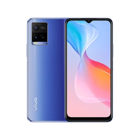 Vivo Y21 mavi akıllı telefon, ön ekran ve arka kamera modülüyle vitrin görünümü