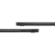 Siyah Apple MacBook Pro M3 Pro 14.2 inç laptop, yan profilde Thunderbolt, HDMI ve MagSafe bağlantılarıyla