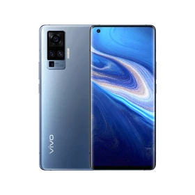 Vivo X51 5G gri akıllı telefonun ön ekran ve arka kamera modülünü gösteren vitrin görünümü