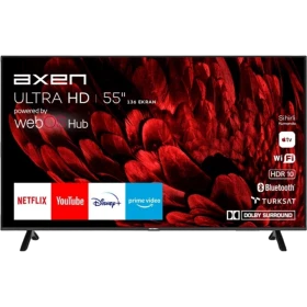 Axen AX55UMN253 Ultra HD 4K 55 inç LED televizyon, siyah ekranında kırmızı çiçekli içerik görüntüsü