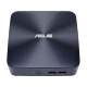 Asus VivoMini UN65U-M084M masaüstü bilgisayar, koyu gri kompakt kasa ve ön USB bağlantılarıyla önden görünüm