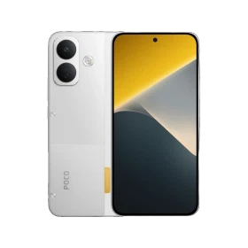 Xiaomi Poco X8 gümüş telefonun ön ve arka yüzü, çift kamera ve sarı-gri ekran arka planıyla birlikte.