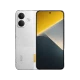 Xiaomi Poco X8 gümüş telefonun ön ve arka yüzü, çift kamera ve sarı-gri ekran arka planıyla birlikte.