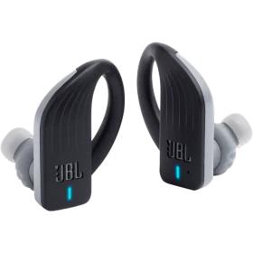 JBL Endurance PEAK Kablosuz siyah kulaklık, kulak kancaları ve mavi LED ışıklarıyla gösteriliyor
