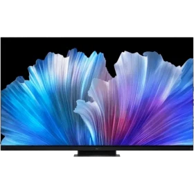 TCL 75C935 Ultra HD 4K LED televizyon; siyah çerçeveli ekranda canlı mavi-mor çiçek deseni.