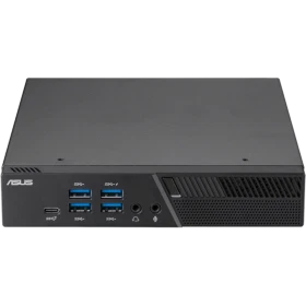 Asus Minipc PB50-BR072MD masaüstü bilgisayarın siyah ön paneli ve bağlantı noktaları