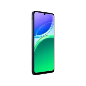 Vivo Y11d siyah akıllı telefon, ince çerçeveli ekranı ve ön kamera çentiğiyle önden ve yandan görünüm