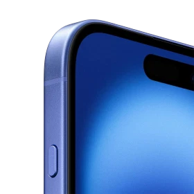 Mavi Apple iPhone 16 Plus akıllı telefonun ekran ve çerçeve detayına yakın çekim görünümü