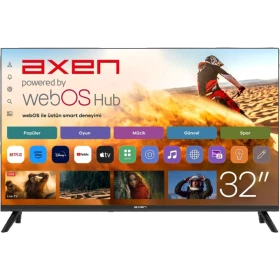Axen AX32HMLN-W02S HD Ready 32 inç televizyon, webOS akıllı ekran ve siyah çerçeveyle önden görünüm