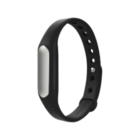 Xiaomi Mi Band 1S siyah akıllı bileklik, kavisli ekran modülü ve ayarlanabilir delikli kayış görünümü
