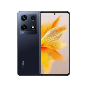 Infinix Note 30 Pro siyah akıllı telefon, ön ekran ve arka kamera modülü görünümüyle