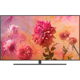 Samsung 65Q9FN Ultra HD 4K QLED televizyon; ekranda canlı çiçek görselleri, genel siyah tasarım