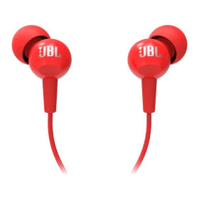 JBL C100SI Kablolu kırmızı kulak içi kulaklık, siyah arka plan üzerinde önden görünüm