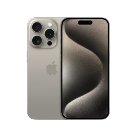 Apple iPhone 15 Pro Max akıllı telefon, Natürel Titanyum renk, ön ve arka yüzüyle vitrin görünümü
