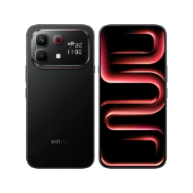 Infinix Note 60 Pro siyah akıllı telefon, ön ve arka yüz görünümü, çift kamera modülü ve ekran tasarımıyla
