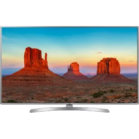 LG 55UK6950PLB Ultra HD 4K LED televizyon; ince çerçeveli, gün batımı manzaralı ekran görüntüsü.