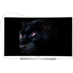 LG 55EG920V Ultra HD 4K OLED televizyon; siyah panelli, kedi temalı ekran ve ince tasarım vitrin görünümü