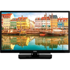 Vestel 24HD5400 HD Ready LED televizyon, renkli şehir manzarası gösteren siyah ekranıyla önden görünüm