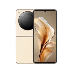 Bej renkli Nubia Flip 5G akıllı telefon, açık halde ön ekranı ve arka kapak tasarımıyla vitrinde