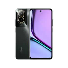 Siyah Realme 12 Lite akıllı telefon, ön ekran ve arka çift kamera modülü ile vitrin görünümü