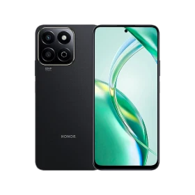 Honor 200 Smart siyah akıllı telefon, arka kamera modülü ve tam ekran ön yüz vitrin görünümü