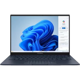 Asus Zenbook 14 OLED UX3405MA-PP287W koyu mavi ultrabook laptop, açık ekran ve klavye görünüyor.