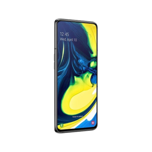 Samsung Galaxy A80 siyah akıllı telefon, önden görünüm, geniş ekran ve ince çerçeveli tasarım
