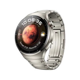 Huawei Watch 4 Pro Titanyum akıllı saat, metalik titanyum kordon ve yuvarlak ekranıyla önden görünüm