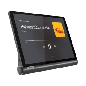 Lenovo Yoga Smart Tab LTE, koyu gri renkli uygun fiyatlı tablet; müzik oynatma ekranı görünen vitrin modeli.