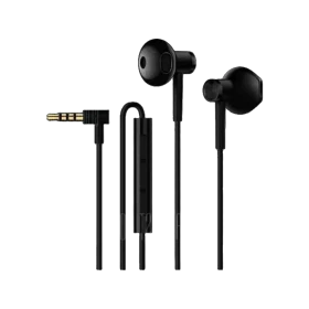 Siyah Xiaomi Mi Dual Driver kablolu kulaklık, kulak içi tasarım ve açılı jak bağlantısıyla gösteriliyor