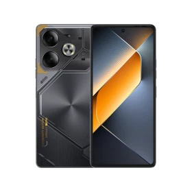 Tecno Pova 6 gri akıllı telefon, ön ekran ve arka yüz tasarımı çift kamera modülüyle birlikte gösterilir