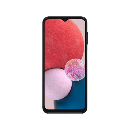 Samsung Galaxy A13 siyah akıllı telefon, önden ekran görünümü, ince çerçeve ve damla çentik tasarım