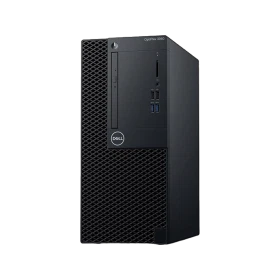 Dell OptiPlex 3060 masaüstü bilgisayarın siyah kasası, ön paneli ve bağlantı noktaları