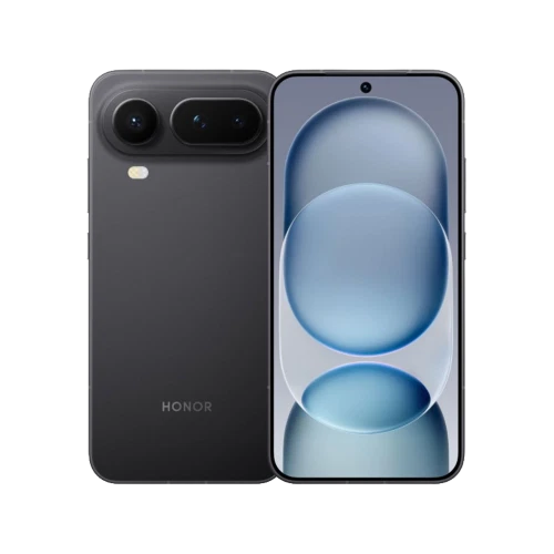 Honor Magic 8 Pro Air siyah akıllı telefon, ön ve arka görünüm; geniş ekran ve üçlü kamera modülü