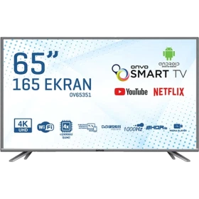 Onvo OV65351 Ultra HD 4K TV, siyah çerçeveli 65 inç LED televizyonun önden görünümü.